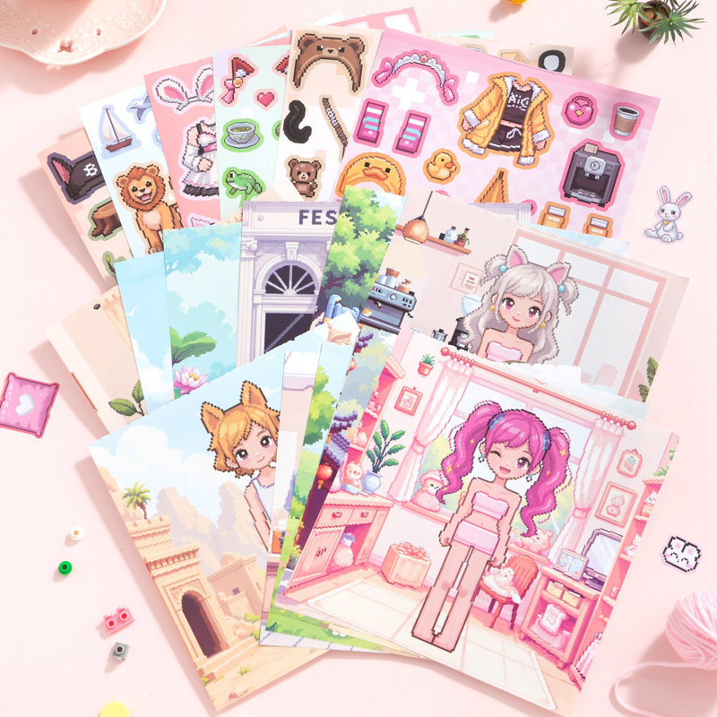 Xinmo Pixel drabužių spintos lipdukų knygelė – padengtas popierius, pixelių stilius, lipdukai ir spauda, rankų darbas