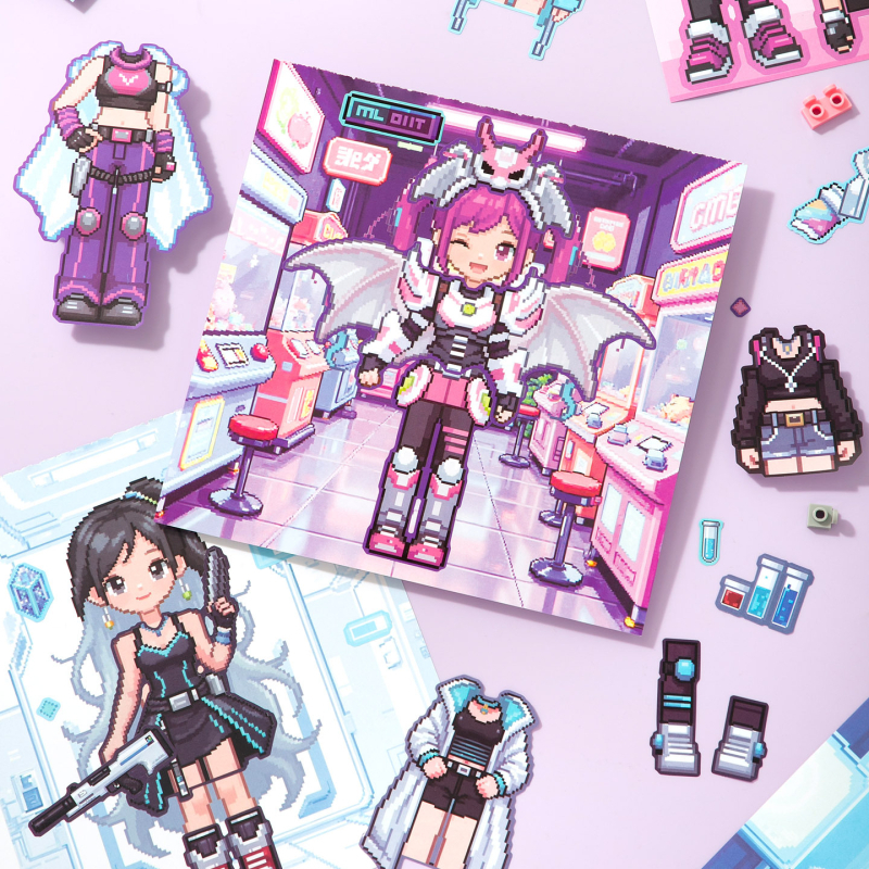 Xinmo Pixel drabužių spintos lipdukų knygelė – padengtas popierius, pixelių stilius, lipdukai ir spauda, rankų darbas