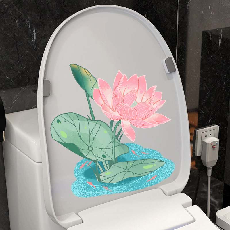 Pašlīmējošs tualetes vāka dekors ar lotosa motīvu – PVC, pašlīmējošs, ainavas raksturs, moderns minimālisma stils, vannas istaba