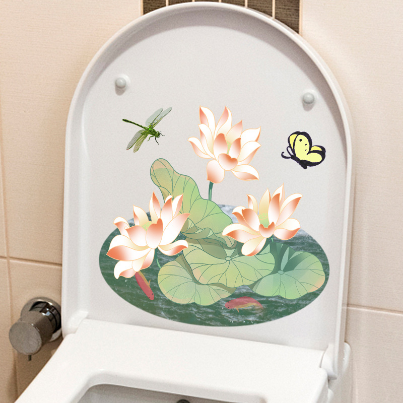 Pašlīmējošs tualetes vāka dekors ar lotosa motīvu – PVC, pašlīmējošs, ainavas raksturs, moderns minimālisma stils, vannas istaba