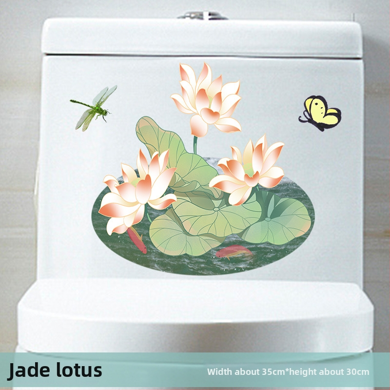 Pašlīmējošs tualetes vāka dekors ar lotosa motīvu – PVC, pašlīmējošs, ainavas raksturs, moderns minimālisma stils, vannas istaba