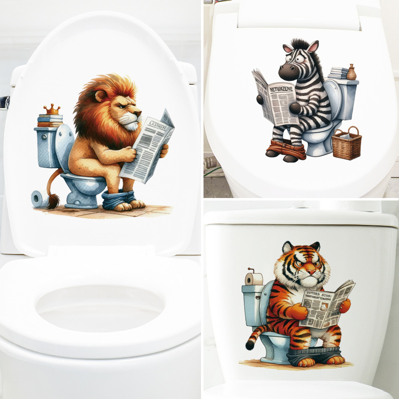 Karikatūru dzīvnieku vannas istabas WC sienu uzlīmes – lauva un zebra, PVC, pašlīmējošas, karikatūras stils