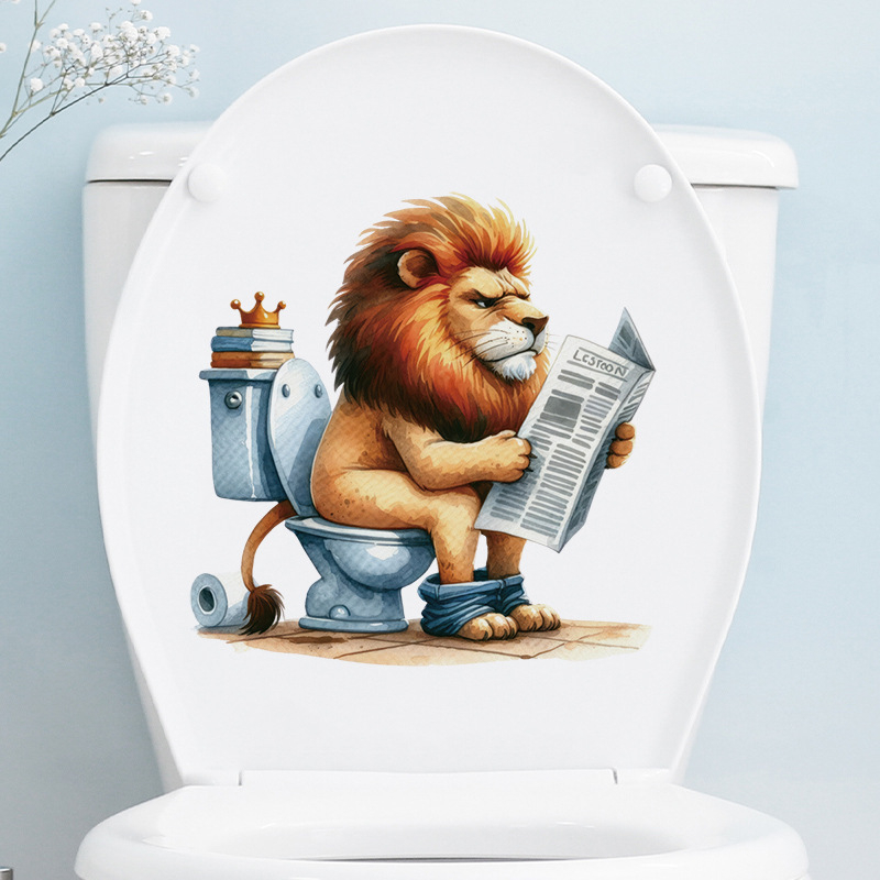 Karikatūru dzīvnieku vannas istabas WC sienu uzlīmes – lauva un zebra, PVC, pašlīmējošas, karikatūras stils