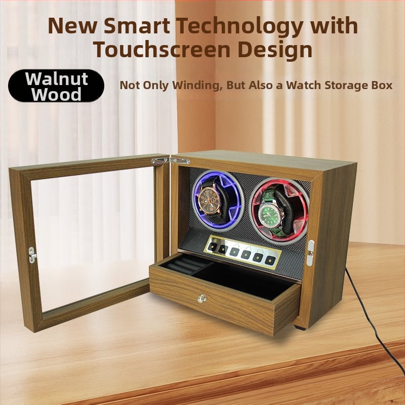 Готова на склад кутия за часовници и бижута с механичен автоматичен навивател и чекмедже, орехово дърво — Ruijia