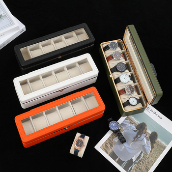 PU кожена кутия за опаковка на часовник, на склад, дисплей с метален кант за 6 отделения, модел 2025090404