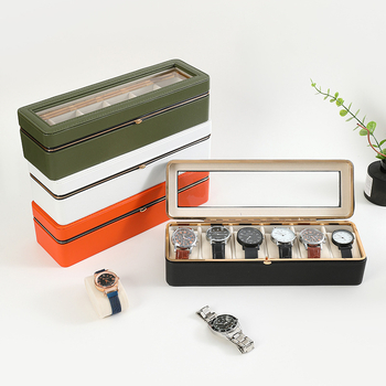 PU кожена кутия за опаковка на часовник, на склад, дисплей с метален кант за 6 отделения, модел 2025090404