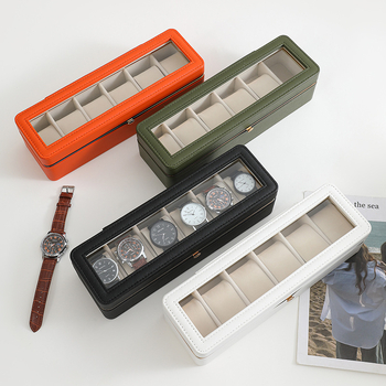 PU кожена кутия за опаковка на часовник, на склад, дисплей с метален кант за 6 отделения, модел 2025090404