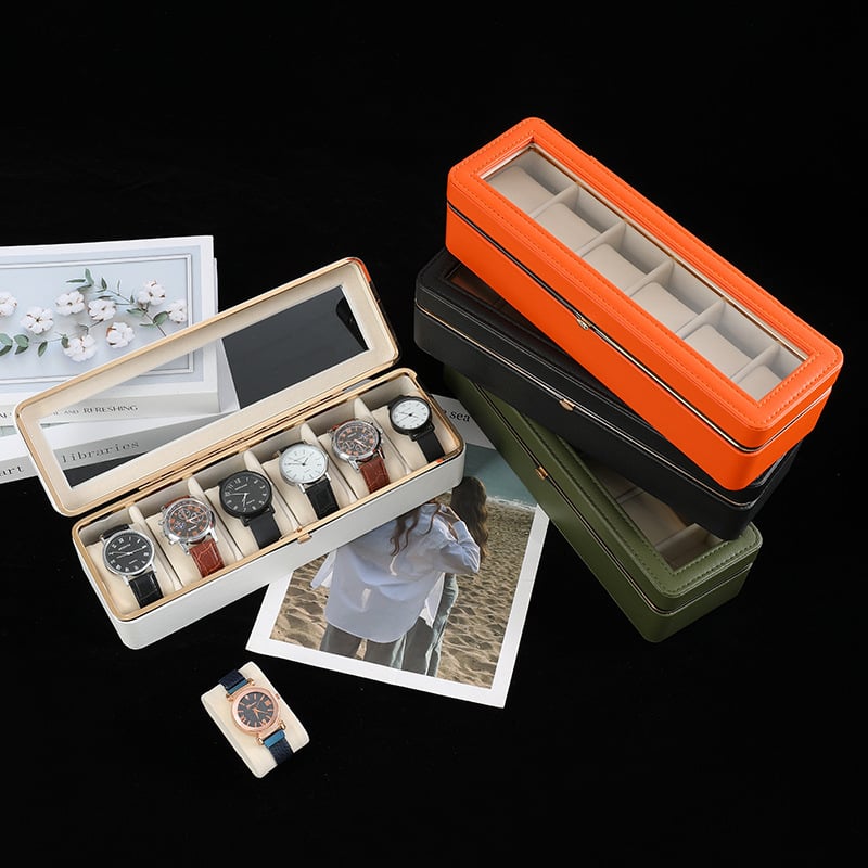 PU кожена кутия за опаковка на часовник, на склад, дисплей с метален кант за 6 отделения, модел 2025090404