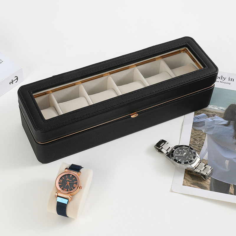 PU кожена кутия за опаковка на часовник, на склад, дисплей с метален кант за 6 отделения, модел 2025090404