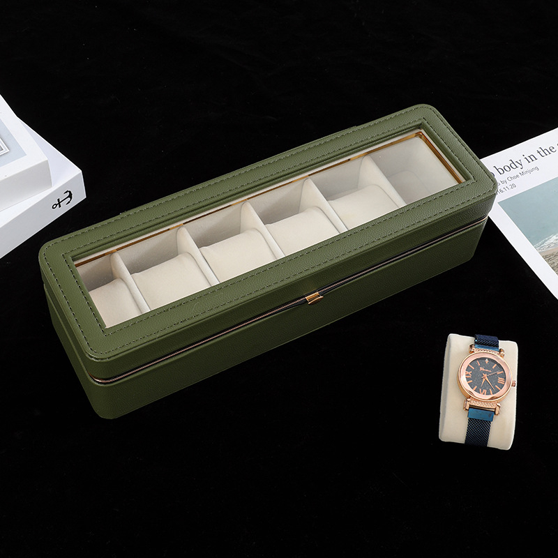 PU кожена кутия за опаковка на часовник, на склад, дисплей с метален кант за 6 отделения, модел 2025090404