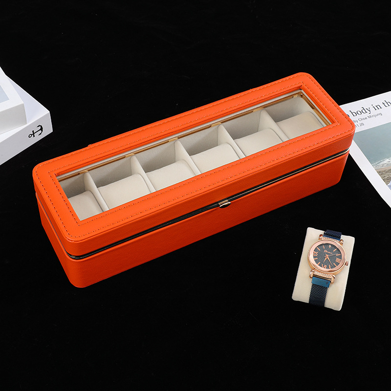 PU кожена кутия за опаковка на часовник, на склад, дисплей с метален кант за 6 отделения, модел 2025090404