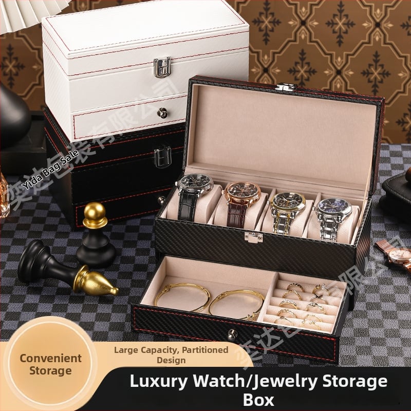 Двоен слой кутия за съхранение на часовници и бижута, 4 отделения, PU кожа + MDF, на склад, марка Yida, предназначена за опаковане на бижута