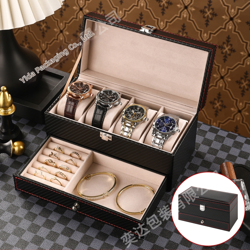 Двоен слой кутия за съхранение на часовници и бижута, 4 отделения, PU кожа + MDF, на склад, марка Yida, предназначена за опаковане на бижута
