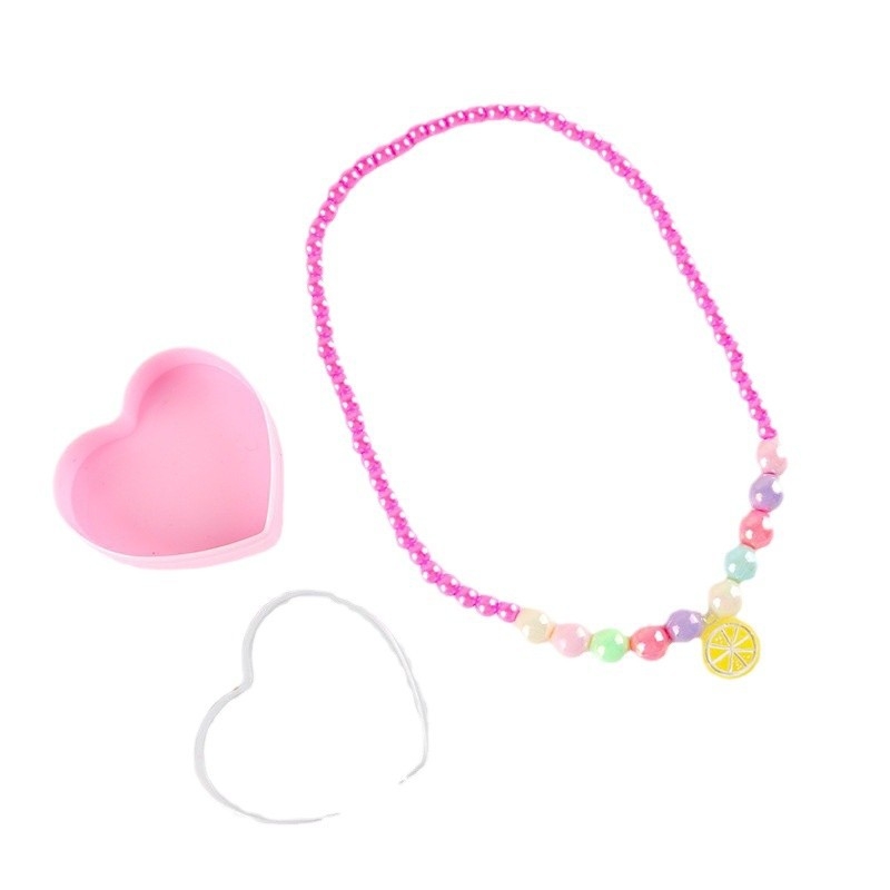 Σετ παιδικού κολιέ με καρδιά από ρητίνη; Σειρά Πριγκίπισσα; χειροποίητο; αλυσίδα με σφαίρες; 11 cm επέκταση