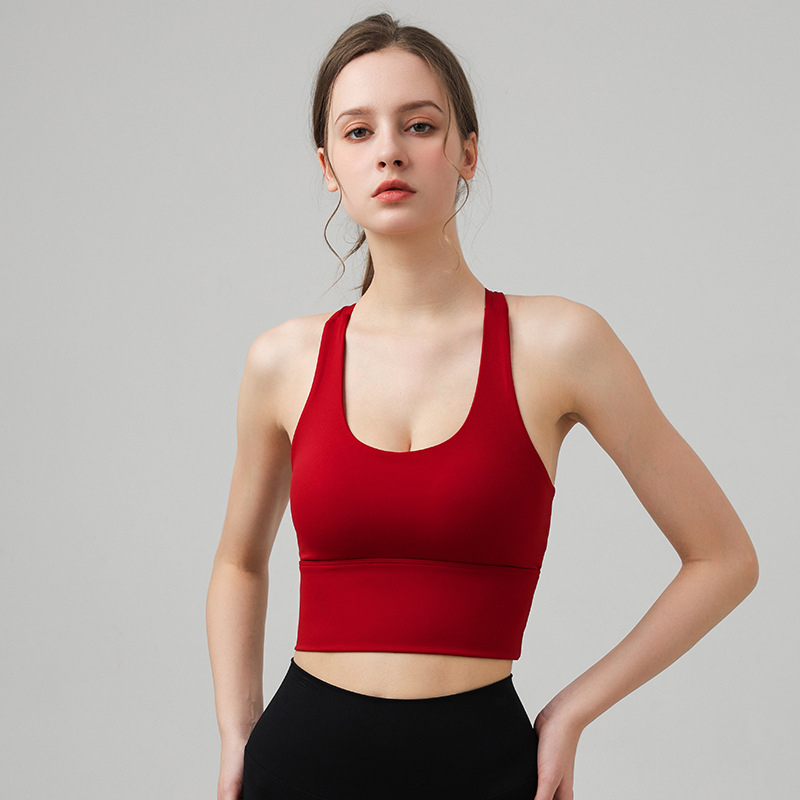 Ženski sportski grudnjak za trčanje i jogu, jednobojni top s fiksnim naramenicama, visoka podrška; košarica 3/4, tanko oblikovane košarice, glavni materijal Nylon 75% + Spandex 25%