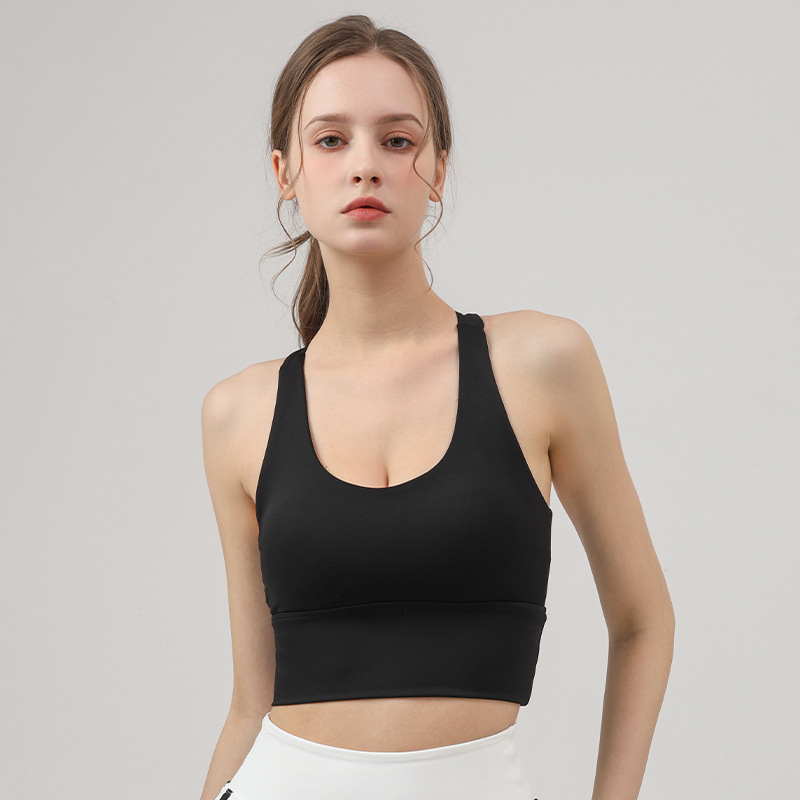 Ženski sportski grudnjak za trčanje i jogu, jednobojni top s fiksnim naramenicama, visoka podrška; košarica 3/4, tanko oblikovane košarice, glavni materijal Nylon 75% + Spandex 25%