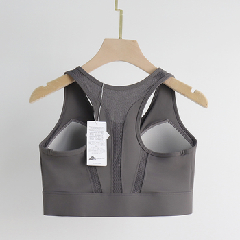Ženski sportski grudnjak s prednjim zatvaranjem na zip, mrežasti stražnji dio, 3/4 košarica, srednje oblikovana košarica, fiksirane dvostruke naramenice, najlon