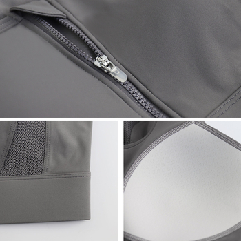 Ženski sportski grudnjak s prednjim zatvaranjem na zip, mrežasti stražnji dio, 3/4 košarica, srednje oblikovana košarica, fiksirane dvostruke naramenice, najlon