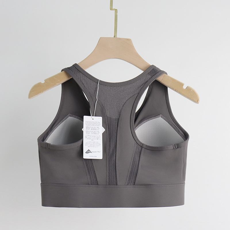 Ženski sportski grudnjak s prednjim zatvaranjem na zip, mrežasti stražnji dio, 3/4 košarica, srednje oblikovana košarica, fiksirane dvostruke naramenice, najlon