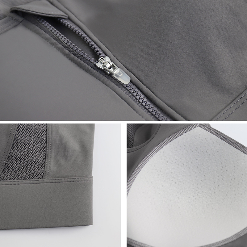 Ženski sportski grudnjak s prednjim zatvaranjem na zip, mrežasti stražnji dio, 3/4 košarica, srednje oblikovana košarica, fiksirane dvostruke naramenice, najlon