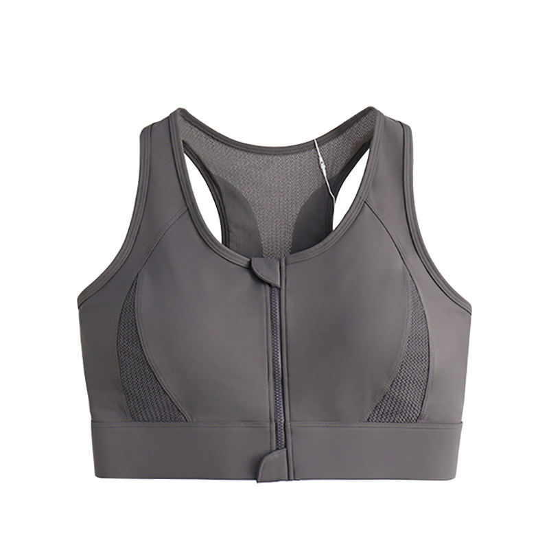 Ženski sportski grudnjak s prednjim zatvaranjem na zip, mrežasti stražnji dio, 3/4 košarica, srednje oblikovana košarica, fiksirane dvostruke naramenice, najlon