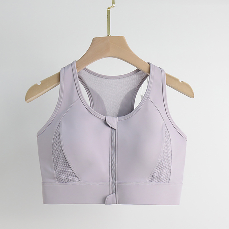 Ženski sportski grudnjak s prednjim zatvaranjem na zip, mrežasti stražnji dio, 3/4 košarica, srednje oblikovana košarica, fiksirane dvostruke naramenice, najlon