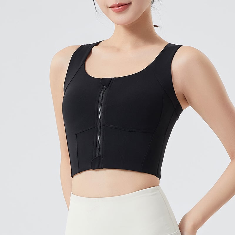 Női sportos front-zip felső, nylon 80% / elasztán 20%, 3/4-es kosár közepes formázással, fényes egyrészes dizájn, rögzített dupla vállpántok