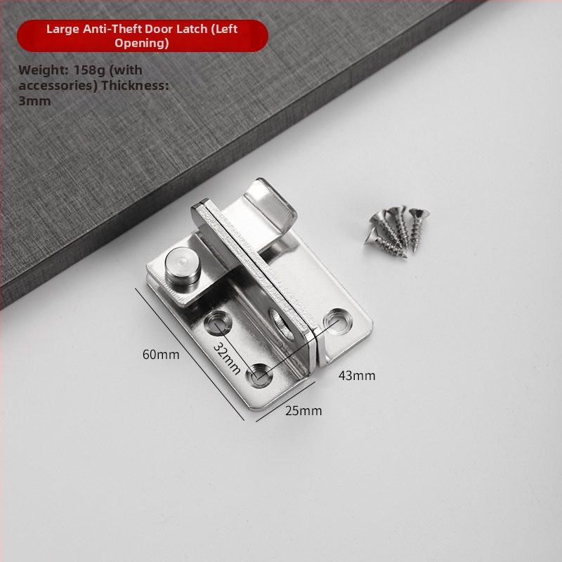 Nerūsējošā tērauda antizādzības stiprinājums ar pulētu virsmu, 90 grādu bloķēšana, piemērota koka vannas istabas un garderobes durvīm