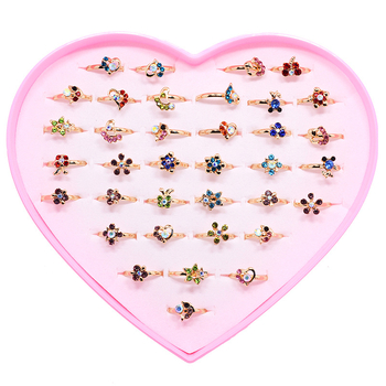 36 τεμάχια παιδικά δαχτυλίδια με ζωάκια καρτούν, ρυθμιζόμενα δαχτυλίδια από κράμα με τεχνητές πέτρες σε σχήμα καρδιάς
