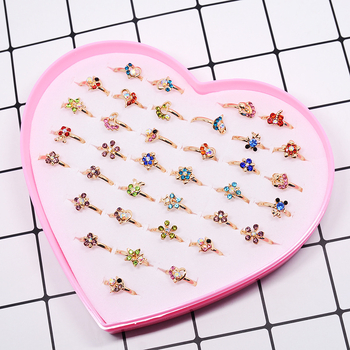 36 τεμάχια παιδικά δαχτυλίδια με ζωάκια καρτούν, ρυθμιζόμενα δαχτυλίδια από κράμα με τεχνητές πέτρες σε σχήμα καρδιάς