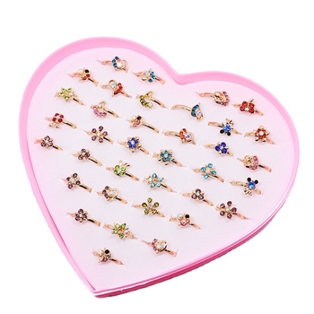 36 τεμάχια παιδικά δαχτυλίδια με ζωάκια καρτούν, ρυθμιζόμενα δαχτυλίδια από κράμα με τεχνητές πέτρες σε σχήμα καρδιάς