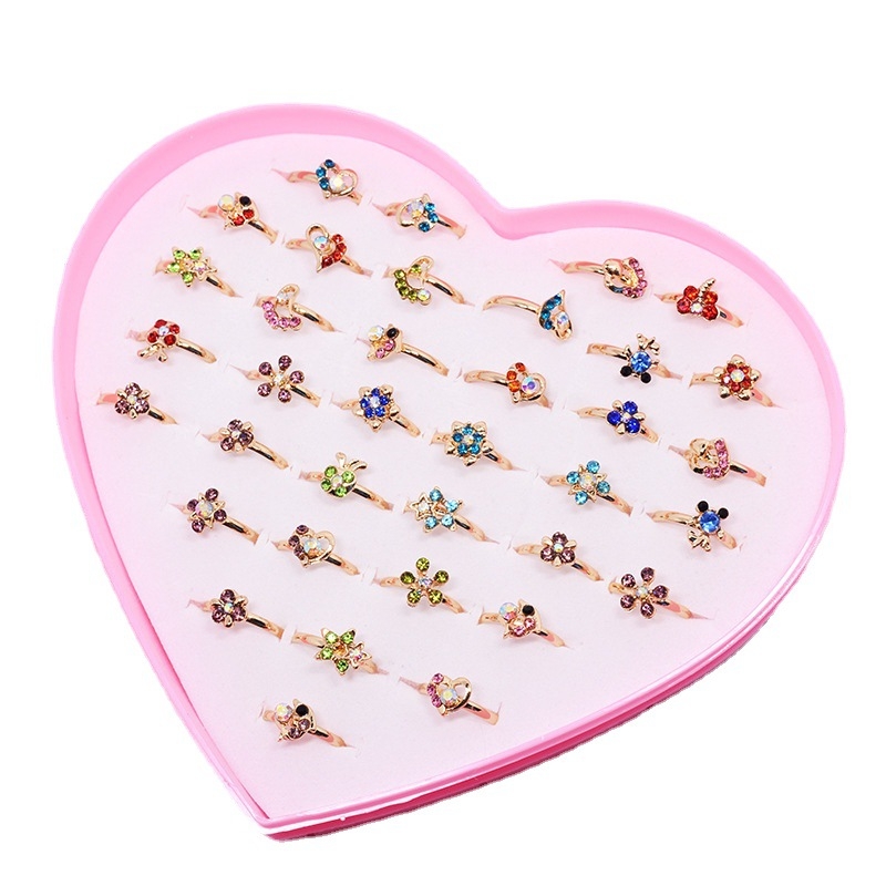36 τεμάχια παιδικά δαχτυλίδια με ζωάκια καρτούν, ρυθμιζόμενα δαχτυλίδια από κράμα με τεχνητές πέτρες σε σχήμα καρδιάς