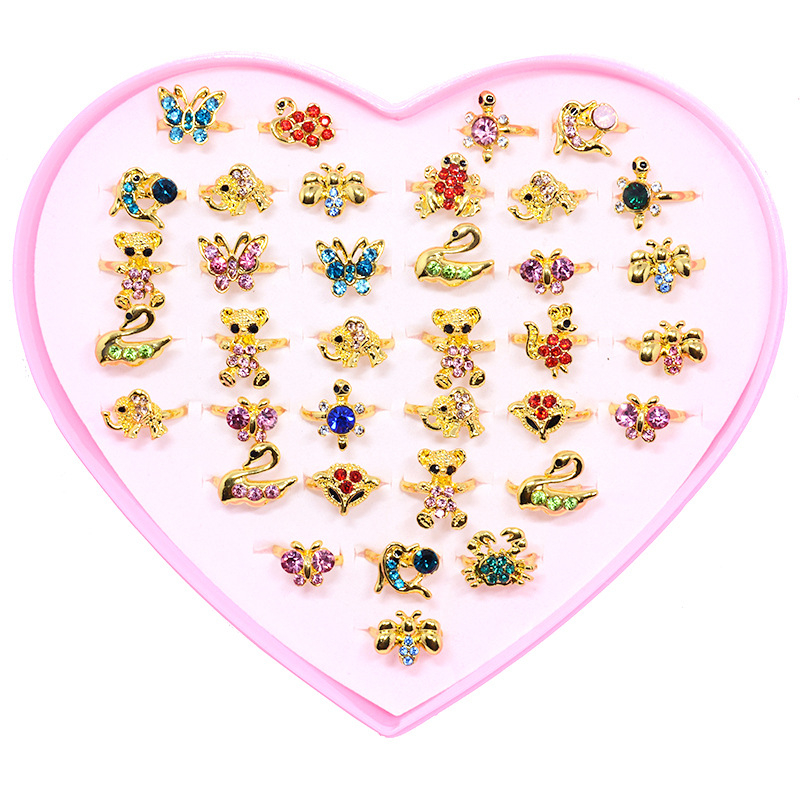36 τεμάχια παιδικά δαχτυλίδια με ζωάκια καρτούν, ρυθμιζόμενα δαχτυλίδια από κράμα με τεχνητές πέτρες σε σχήμα καρδιάς
