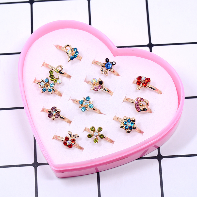 36 τεμάχια παιδικά δαχτυλίδια με ζωάκια καρτούν, ρυθμιζόμενα δαχτυλίδια από κράμα με τεχνητές πέτρες σε σχήμα καρδιάς