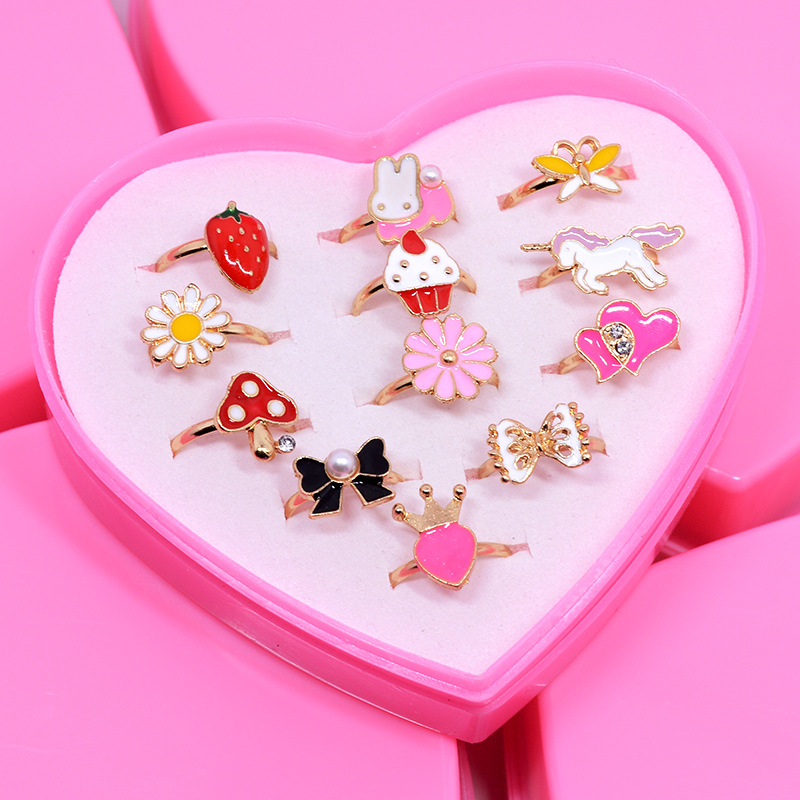 36 τεμάχια παιδικά δαχτυλίδια με ζωάκια καρτούν, ρυθμιζόμενα δαχτυλίδια από κράμα με τεχνητές πέτρες σε σχήμα καρδιάς