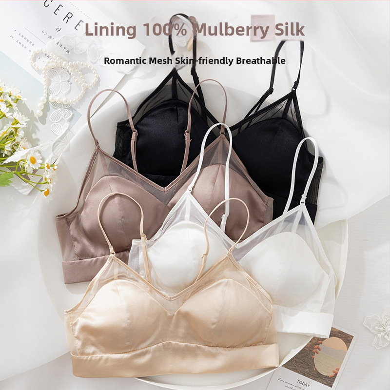 Сатенено бюстие от коприна Mulberry с дантела, без подпора, чашка 3/4, красив гръб, френски стил, регулируеми двойни презрамки