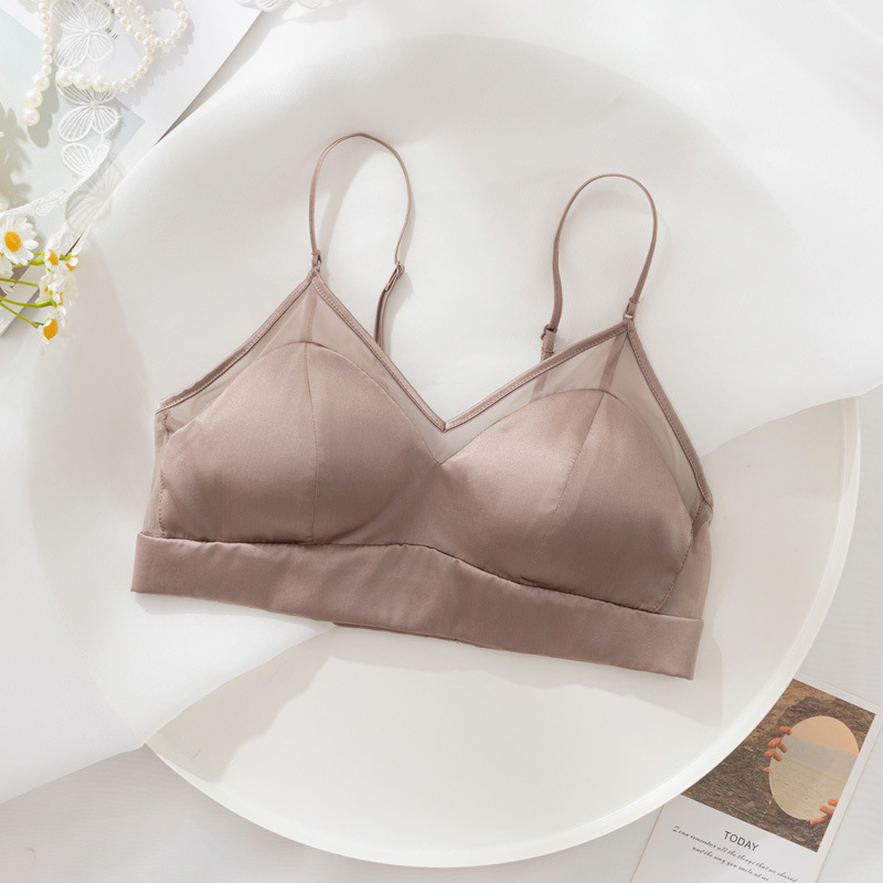 Сатенено бюстие от коприна Mulberry с дантела, без подпора, чашка 3/4, красив гръб, френски стил, регулируеми двойни презрамки