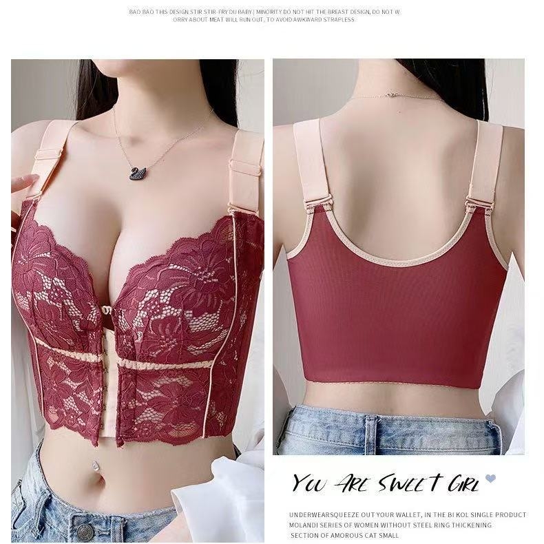 Moteriškos nailoninės liemenėlės, 5/8 taurė, formuojama taurė: plonas viršus, storesnis apačia, nuimamos dvigubos petnešos, priekinis užsegimas, reguliuojama atrama