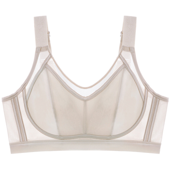 Grudnjak s punim košaricama, bez žice, tanak i prozračan, bočna podrška, stražnje kopčanje s četiri reda kopči, fiksne dvostruke naramenice, košarice od pamuka