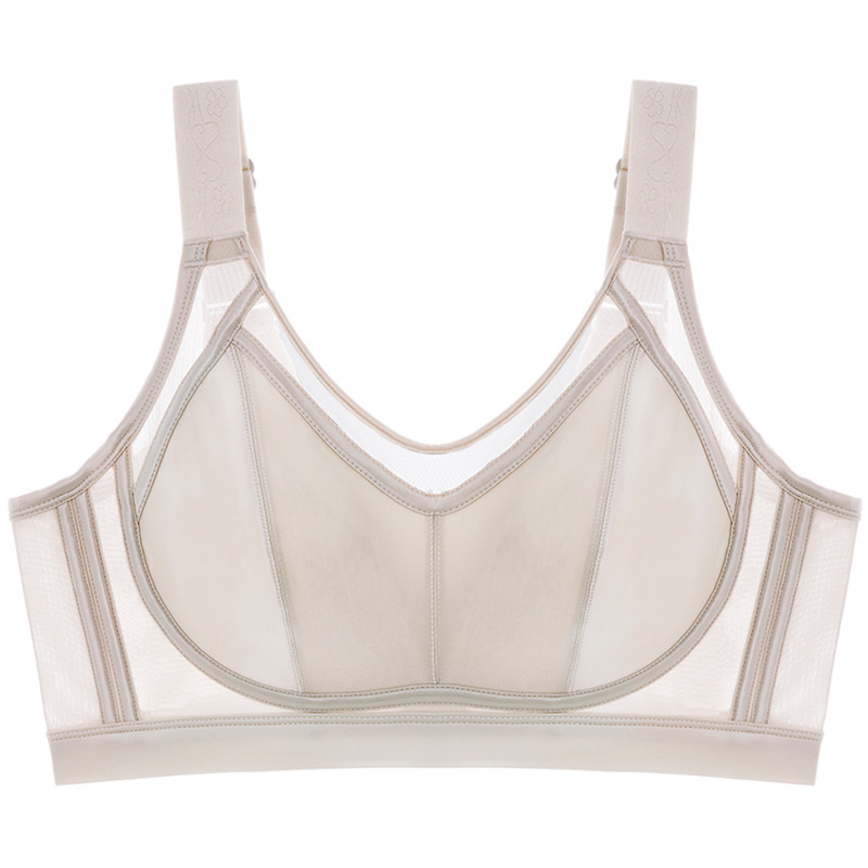 Grudnjak s punim košaricama, bez žice, tanak i prozračan, bočna podrška, stražnje kopčanje s četiri reda kopči, fiksne dvostruke naramenice, košarice od pamuka