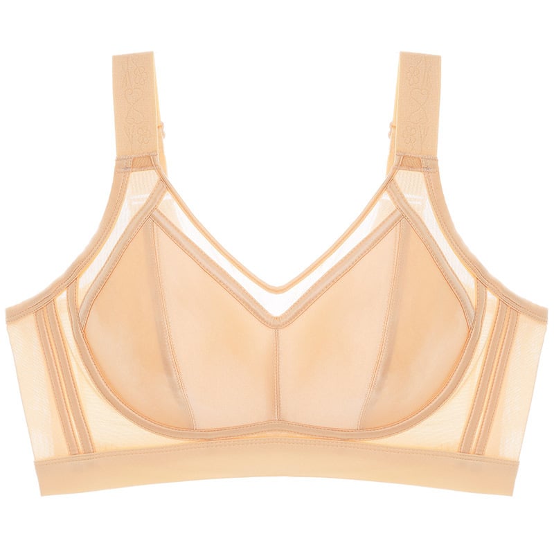 Grudnjak s punim košaricama, bez žice, tanak i prozračan, bočna podrška, stražnje kopčanje s četiri reda kopči, fiksne dvostruke naramenice, košarice od pamuka