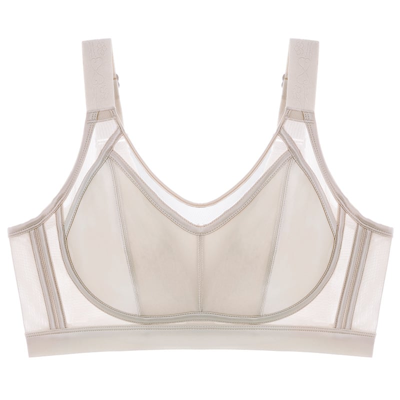 Grudnjak s punim košaricama, bez žice, tanak i prozračan, bočna podrška, stražnje kopčanje s četiri reda kopči, fiksne dvostruke naramenice, košarice od pamuka