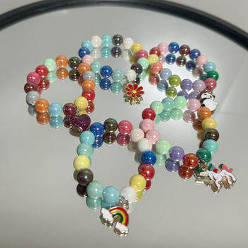 Vaikų apyrankė su vienaragio pakabuku — rankų darbo akriliniai karoliukai, animacinių personažų dizainas, logotipo spausdinimas įmanomas, amžiaus grupė 3-10 metų