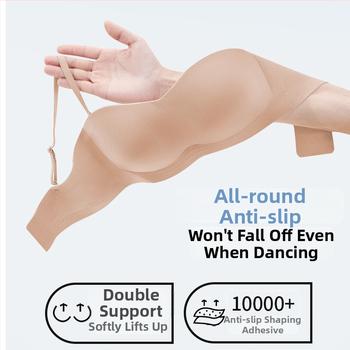 Neredzamais bezšuvju krūšturis ar pretslīdēšanas funkciju, bez muguras, no vienas daļas, noņemamas dubultās siksnas, pilnas kauss, plānas veidotas kauss, neilons ar spandeksa oderi