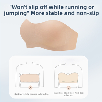 Neredzamais bezšuvju krūšturis ar pretslīdēšanas funkciju, bez muguras, no vienas daļas, noņemamas dubultās siksnas, pilnas kauss, plānas veidotas kauss, neilons ar spandeksa oderi