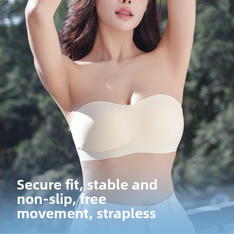 Neredzamais bezšuvju krūšturis ar pretslīdēšanas funkciju, bez muguras, no vienas daļas, noņemamas dubultās siksnas, pilnas kauss, plānas veidotas kauss, neilons ar spandeksa oderi