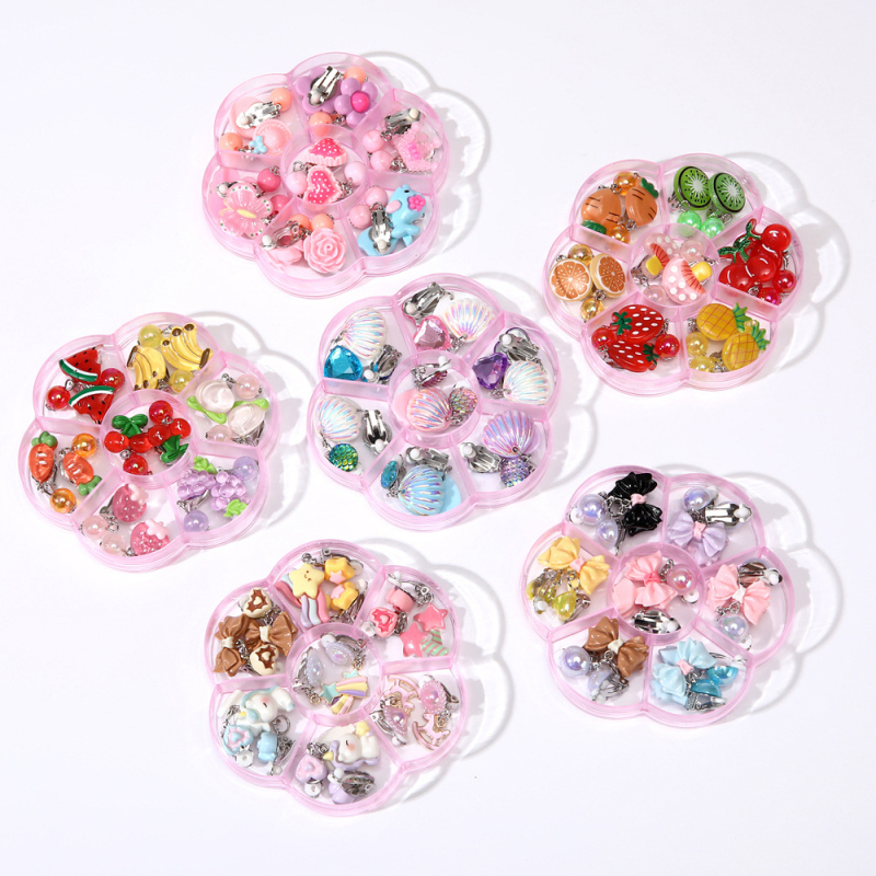 Vaikų ausų klipsai (be piercingo) - Cartoon stilius, plastiko/rezino medžiaga, skausmo palengvinimas, 7 porų rinkinys