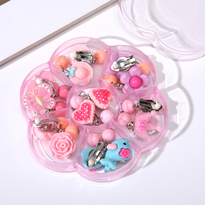 Vaikų ausų klipsai (be piercingo) - Cartoon stilius, plastiko/rezino medžiaga, skausmo palengvinimas, 7 porų rinkinys