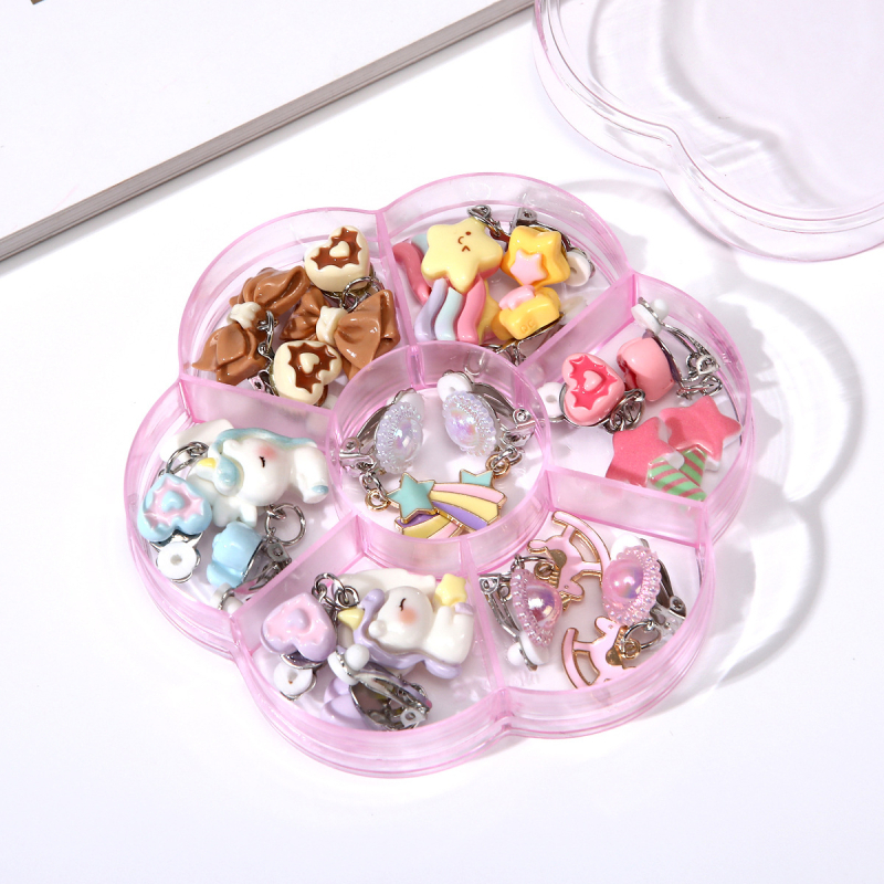 Vaikų ausų klipsai (be piercingo) - Cartoon stilius, plastiko/rezino medžiaga, skausmo palengvinimas, 7 porų rinkinys