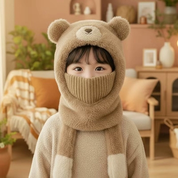 Детска плюшена качулка-мече за деца – флисова подплата, интегриран шал за врата и маска, защита на ушите, ветроустойчива